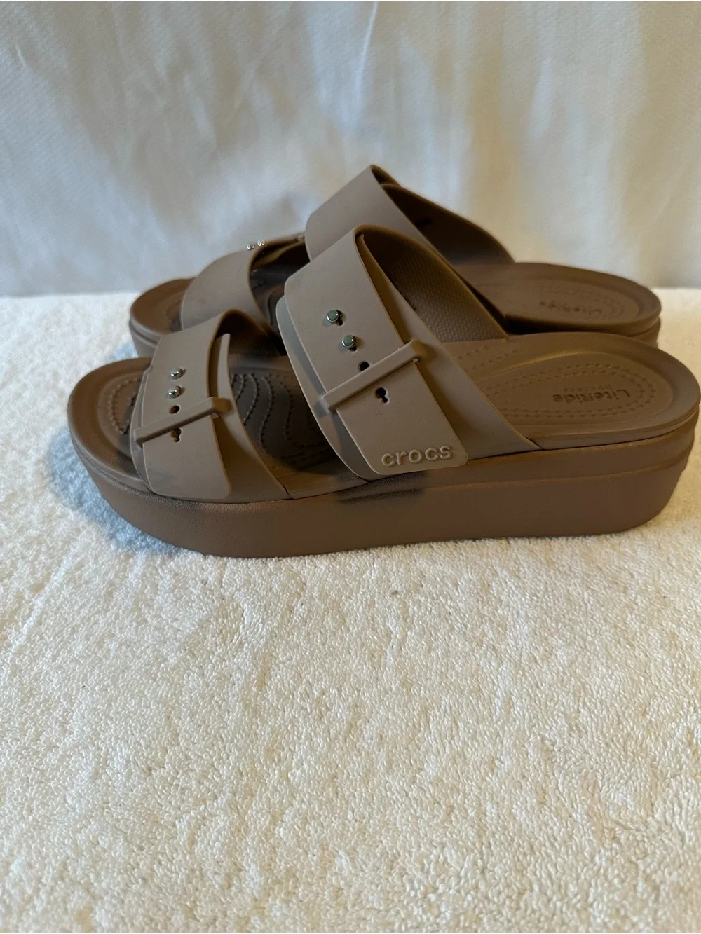 Crocs Brooklyn Double Strap Slide Sandals Taupe Womens Size 9 Comfort EVA - Picture 2 of 7